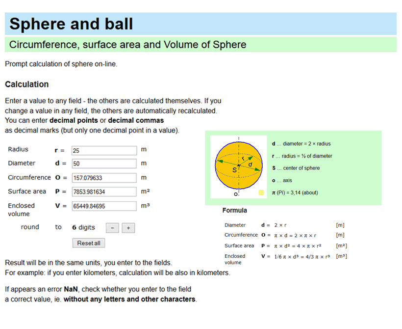 Sphere calculator